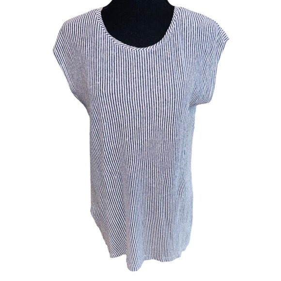 Tahari Nautical Sustainable 100% Linen Striped Button-Back Blouse Travel Casual - Picture 1 of 7